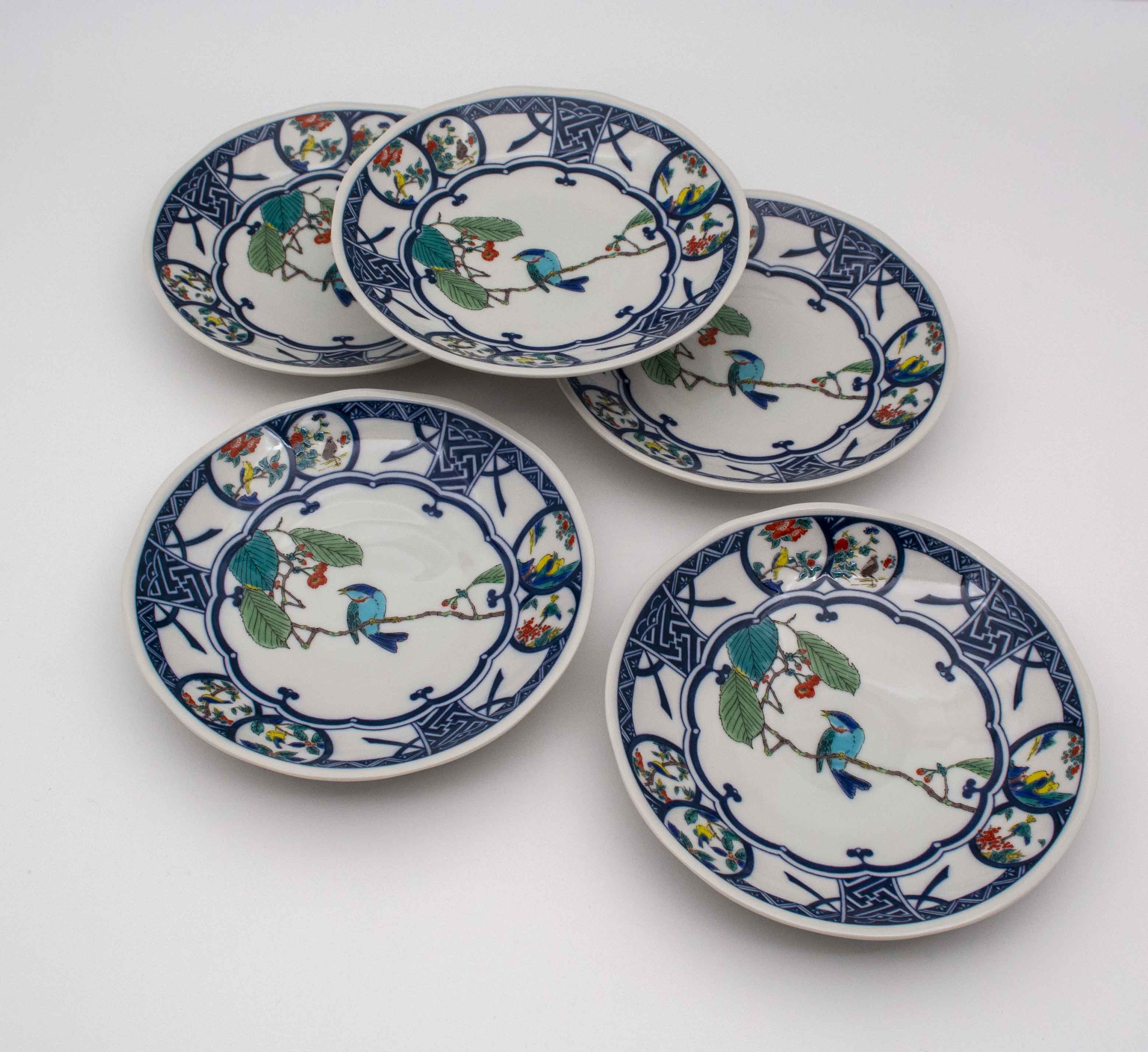 長丸皿 5枚 染付 花弁 唐草 明治 大正 ケンケン 染付 丸紋